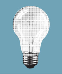 Clear lightbulb with visible filament on white background. halftone vector