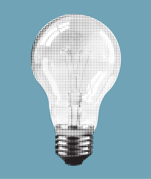 Clear lightbulb with visible filament on white background. halftone vector