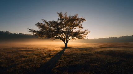 Fototapeta premium Majestic solitary tree stands tall in a golden field at sunrise, casting a long shadow.