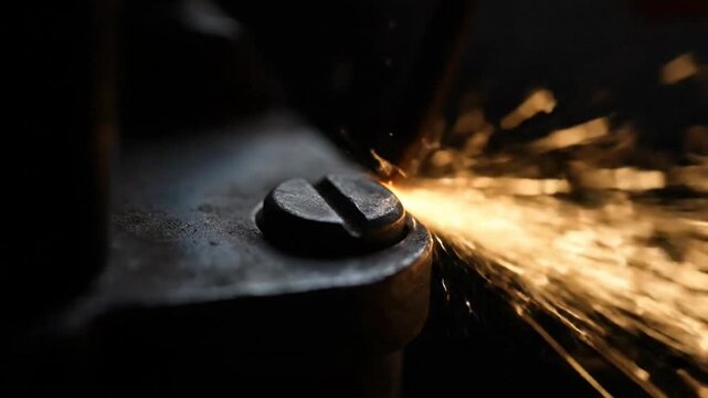 Close-up of metal grinding sparks in a dark workshop setting.