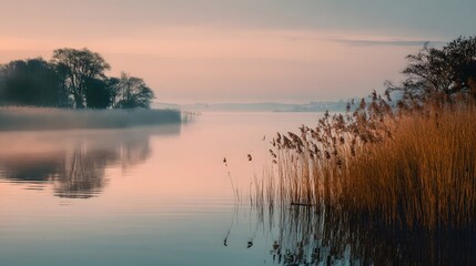Obraz premium Serene Morning Mist Over Calm Lake with Reeds and Trees Reflecting in Water.