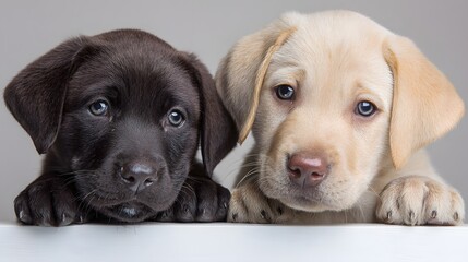 Fototapeta premium Adorable Labrador Puppies - A Charming Duo of Black and Yellow Furry Friends.