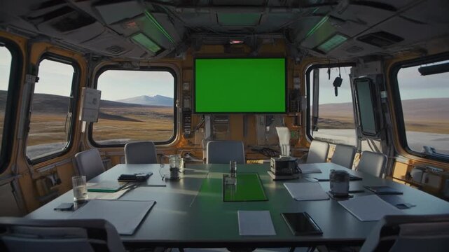 interior of a passenger train, with greenscreen