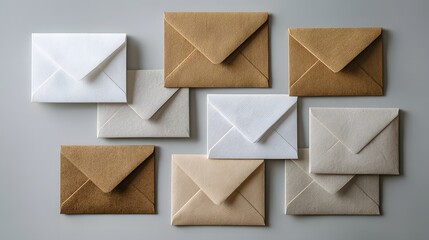 Assortment of various envelopes in different colors arranged on a flat surface.