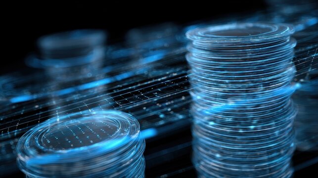 Financial data flow wrapping around stacked coins, AI economy concept, abstract futuristic, electric blue highlights, digital illustration.