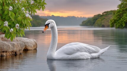 Solitary swan on golden lake with gentle ripples © Krzysztof