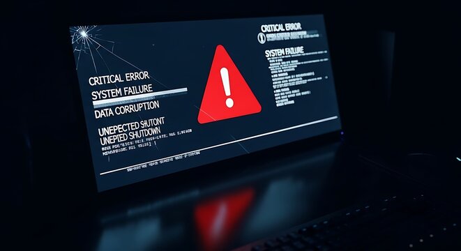 A computer screen displays a red warning triangle and error messages in a dark environment viewed from a close-up angle