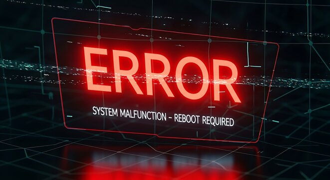 An illuminated red 'ERROR' sign that indicates a glitch in a computer interface, signifying technological alerts and warnings