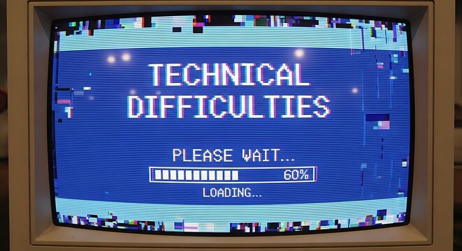 On a blue glitch background, a vintage computer screen shows a system fault along with a loading bar and a technical difficulties notice