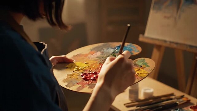 An artist holds a colorful palette, preparing to unleash creativity.