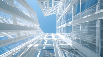 Obraz premium Architectural Marvel - Captivating Upward View of Modern Glass Building.