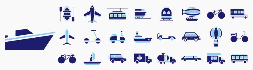 Naklejka premium Vehicles and Transportations Icon set. Containing bicycle, scooter, truck, bus, boat, airplane and more. Icon collection Solid blue.