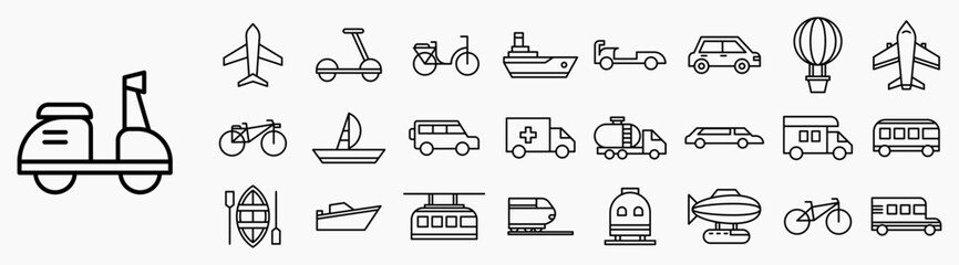 Naklejka premium Vehicles and Transportations Icon set. Containing bicycle, scooter, truck, bus, boat, airplane and more. Icon collection line black.