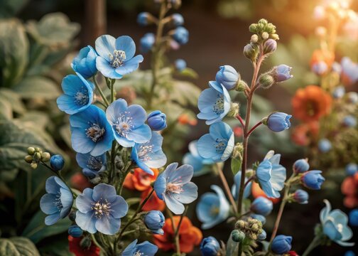 Vibrant Blue Missouri Sphaeralcea Tradescantia Blooms in Spring Garden Border