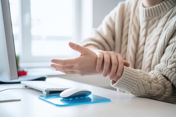 Hand hold painful wrist near computer mouse. Repetitive strain injury problem