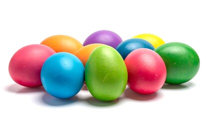 A vibrant cluster of painted eggs in diverse bright colors, arranged close together against a stark white backdrop