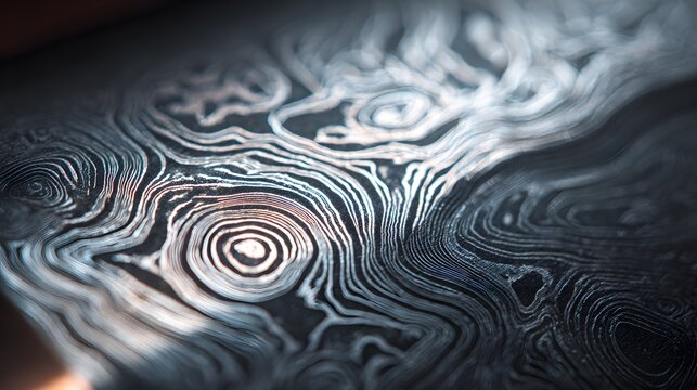 Intricate Damascus Steel Pattern - Swirling Lines and Circular Designs in Close-Up.