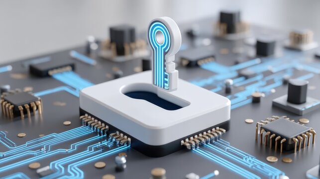 Conceptual circuit board with a white lock module and a stylized key rising from a keyhole, symbolizing digital security and encryption.
