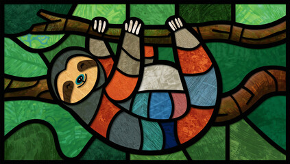 雨林エメラルド背景でステンドグラス風ナマケモノが枝にぶら下がる