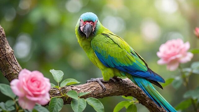 A vibrant parrot perching gracefully amidst a beautiful floral scene. The parrot showcases stunning plumage and adds a touch of tropical charm to the vibrant garden setting.