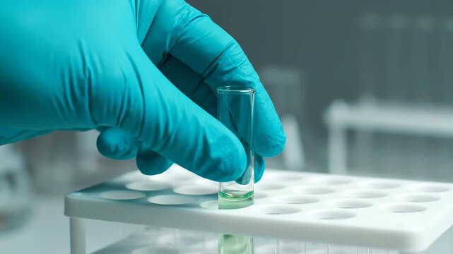 Scientist in a blue glove holds a test tube with green liquid over a lab rack.