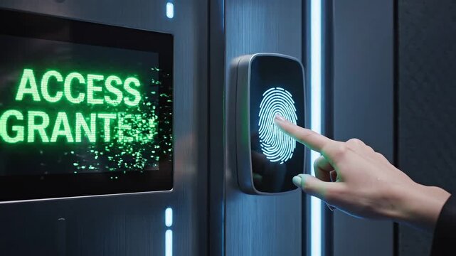Digital fingerprint being used to get an access to secured area. Screen shows the access is granted