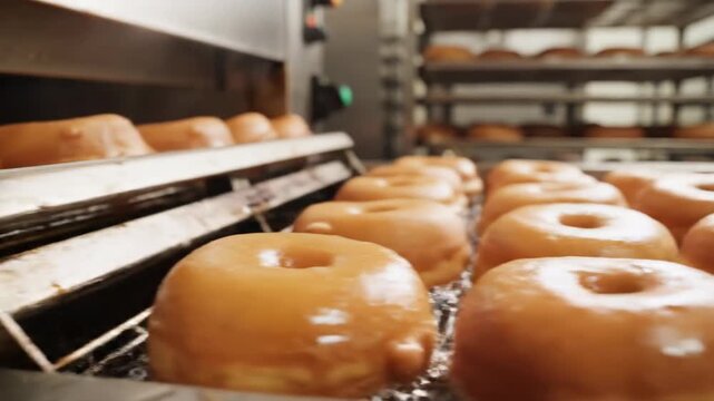 Fresh donuts being fried and glazed in a commercial bakery kitchen