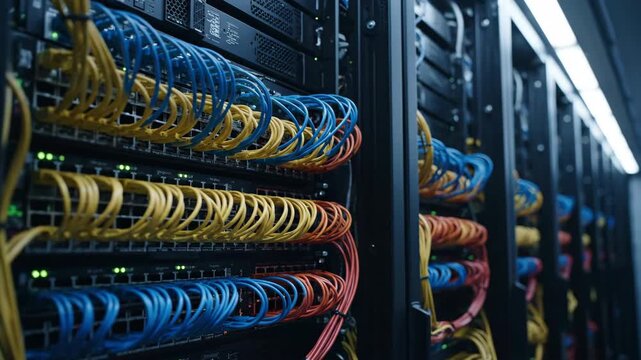 Colorful network cables organized in a modern data center server room.