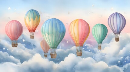 Obraz premium Colorful Hot Air Balloons Floating Above the Clouds in a Dreamy Sky, Watercolor Illustration.