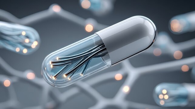 Transparent capsule containing glowing fiberoptic microfilaments over a blurred neural-network background - conceptual nanotech smart pill or bioelectronic device.