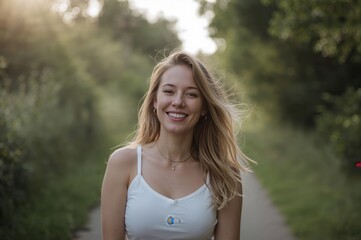 Naklejka premium Smiling person walking outdoors on green path in warm golden daylight