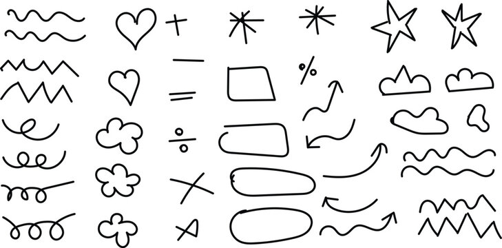 Collection of hand drawn symbols and mathematical icons