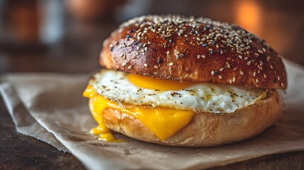 Delicious Breakfast Sandwich with Fried Egg and Melted Cheese on a Sesame Seed Bun.