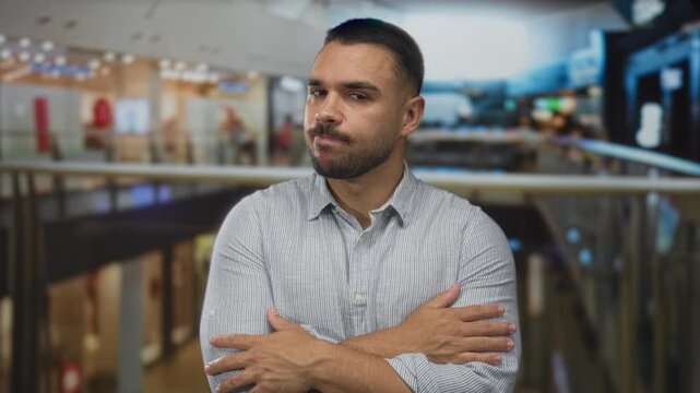 Young hispanic man wearing striped shirt with arms crossed posture in busy shopping center building; rejection.