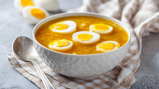 Delicious Egg Drop Soup with Sliced Boiled Eggs in a White Bowl on a Table.