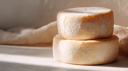 Close-up of two wheels of cheese stacked on top of each other, with a blurry background.