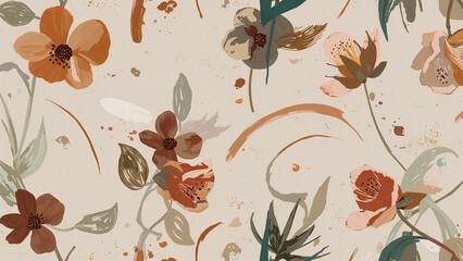 ベージュ地に筆致の花が散る抽象フローラル柄を上品に仕上げる