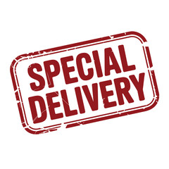A red special delivery stamp on a white background