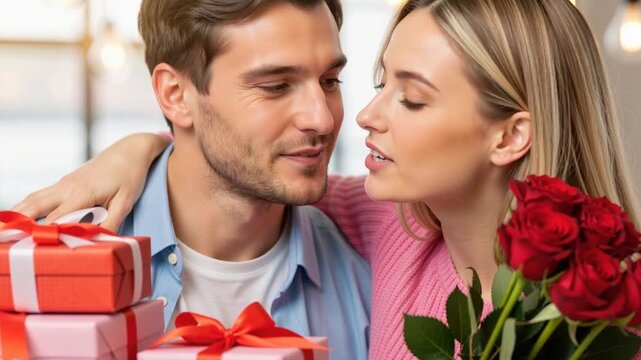 Caucasian couple celebrating Valentine's Day with red roses and a stack of gifts. Romantic anniversary date indoors. Love and affection concept