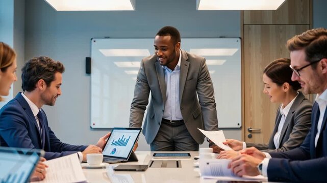 African American business leader presenting to a diverse team in a modern conference room. Corporate professionals discussing strategy with charts and laptops. Teamwork and leadership concept