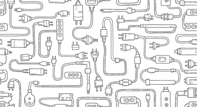 Illustration of Various Electrical Cables and Plugs, Technology, Creative Design, Minimalist Style, Abstract Viewpoint