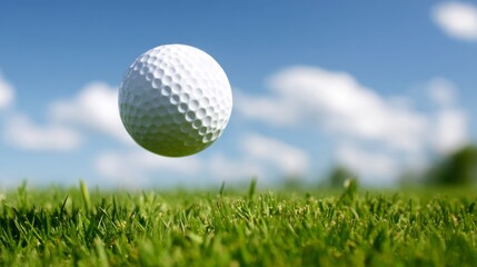 Golf Ball Hovering Just Above Tee in Clear Blue Sky with Green Grass Background