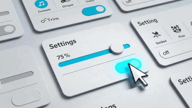 Control panel UI cards. Minimalist interface cards featuring interactive sliders and toggles on a light background.