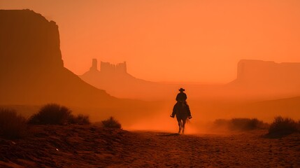 Obraz premium Lone Rider Silhouetted Against the Majestic Desert Landscape at Sunset, Cinematic Western Scene.
