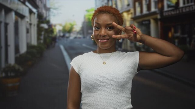 Woman wearing white textured top and gold necklace showing peace sign on urban street; joy and confidence.