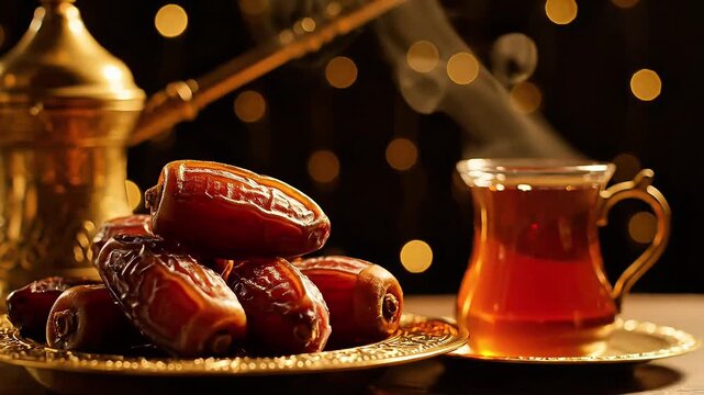 Cinematic macro of premium dates on a gold plate with a steaming Arabic coffee dallah. Warm golden hour lighting and bokeh create a spiritual, luxurious Ramadan atmosphere.