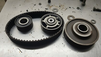 Obraz premium Close-up of mechanic's workbench, featuring an automotive timing belt and associated pulleys