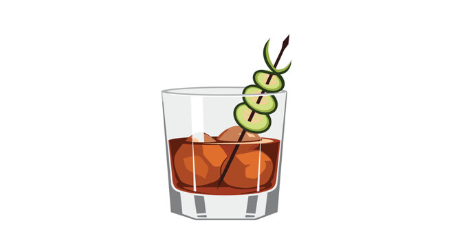 Elegant pixel art cocktail with rich brown liquid, ice cubes, and a stylish cucumber ribbon garnish on a skewer in a