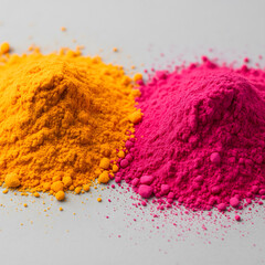 Vibrant mounds of yellow turmeric and bright pink gulal powder sit side by side on a neutral grey surface with scattered pigment grains. Generative AI