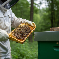 A beekeeper in a protective suit, adult, carefully holds a frame covered in bees and honeycomb, working near a green hive in a lush forest. Generative AI.